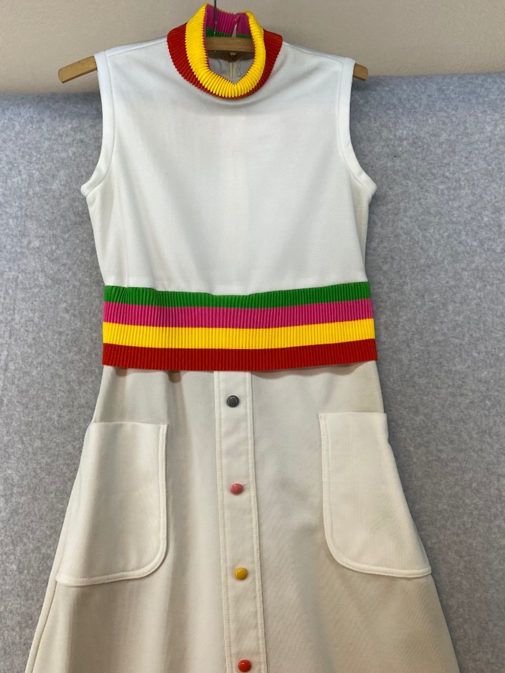 1970s White Maxi Dress 32" Bust • Sleeveless • Pockets • Colorful Buttons Waist
